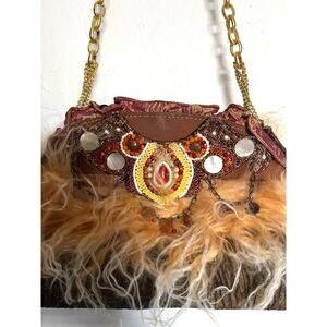 Mary Frances Bag Embellished Chain Fur Beaded Artsy Funky Brown Bronze
